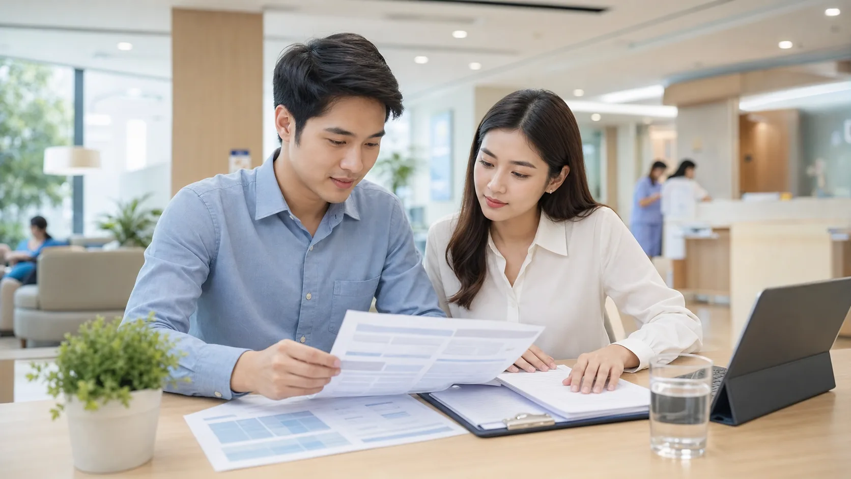 คู่รักกำลังเปรียบเทียบเอกสารแผนประกันสุขภาพในโรงพยาบาล