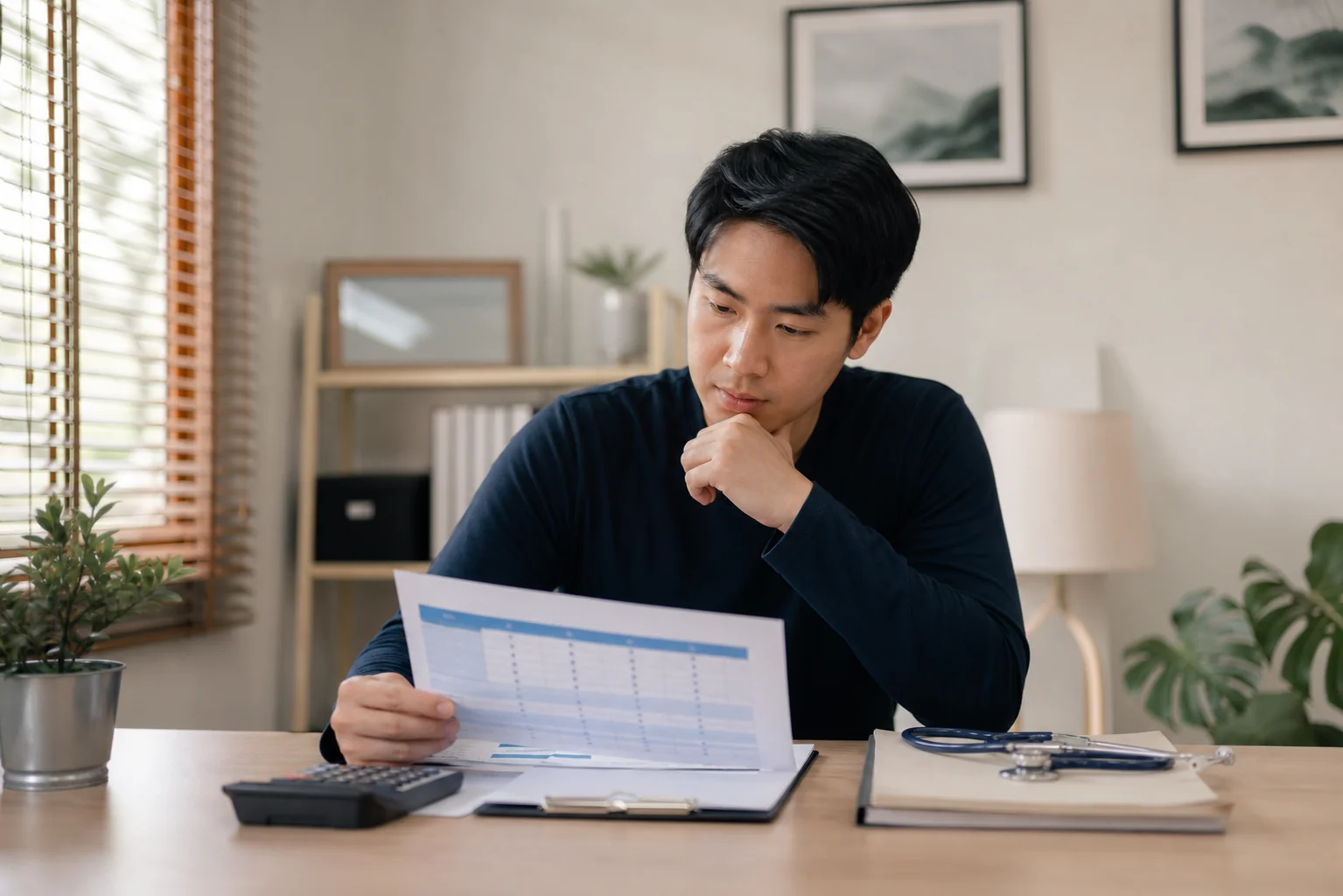 คนวัยทำงานอ่านตารางผลประโยชน์ประกันสุขภาพและคำนวณค่าใช้จ่ายร่วม