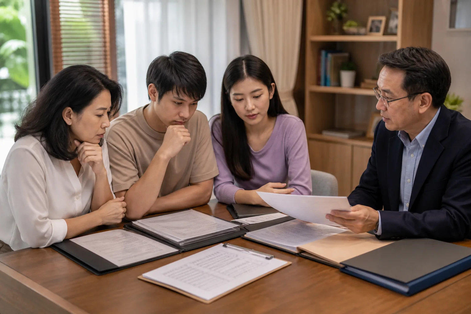 คู่สมรสและลูกกำลังตรวจพินัยกรรม กรมธรรม์ และเอกสารความสัมพันธ์กับที่ปรึกษา